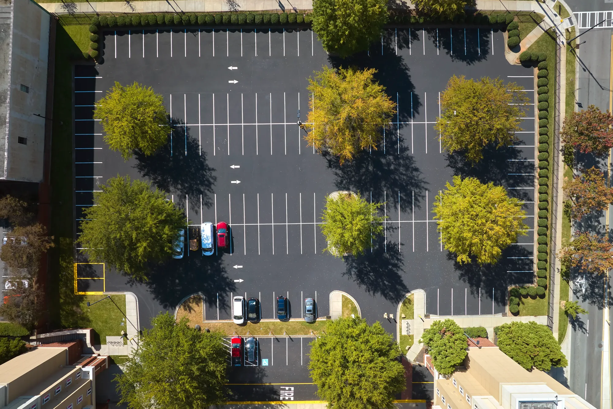 Aerial view of a parking lot with crisp fresh lines